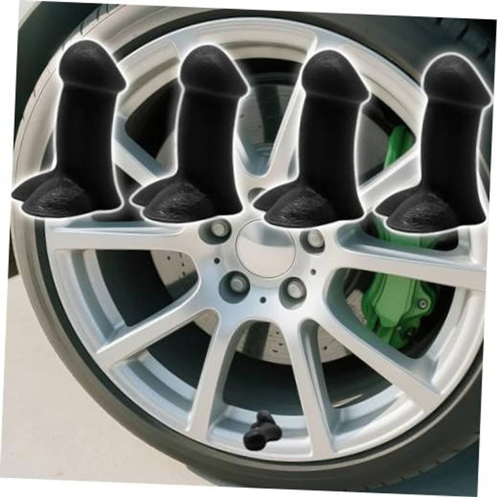 Black cone-shaped tire valve stem caps on a wheel rim, 4-pack set