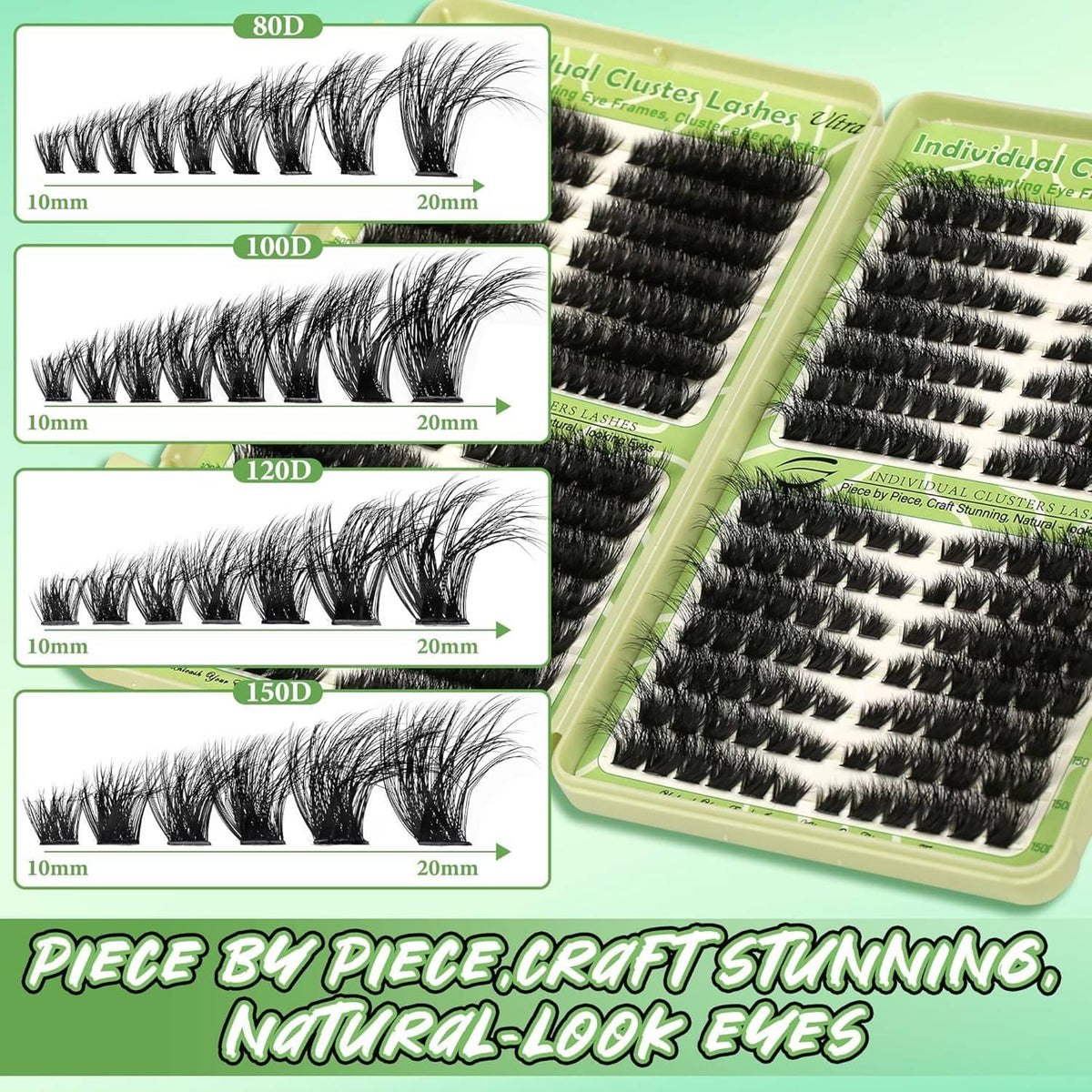 Black wispy lash cluster strips with 10mm and 20mm length guides in 80D–150D set