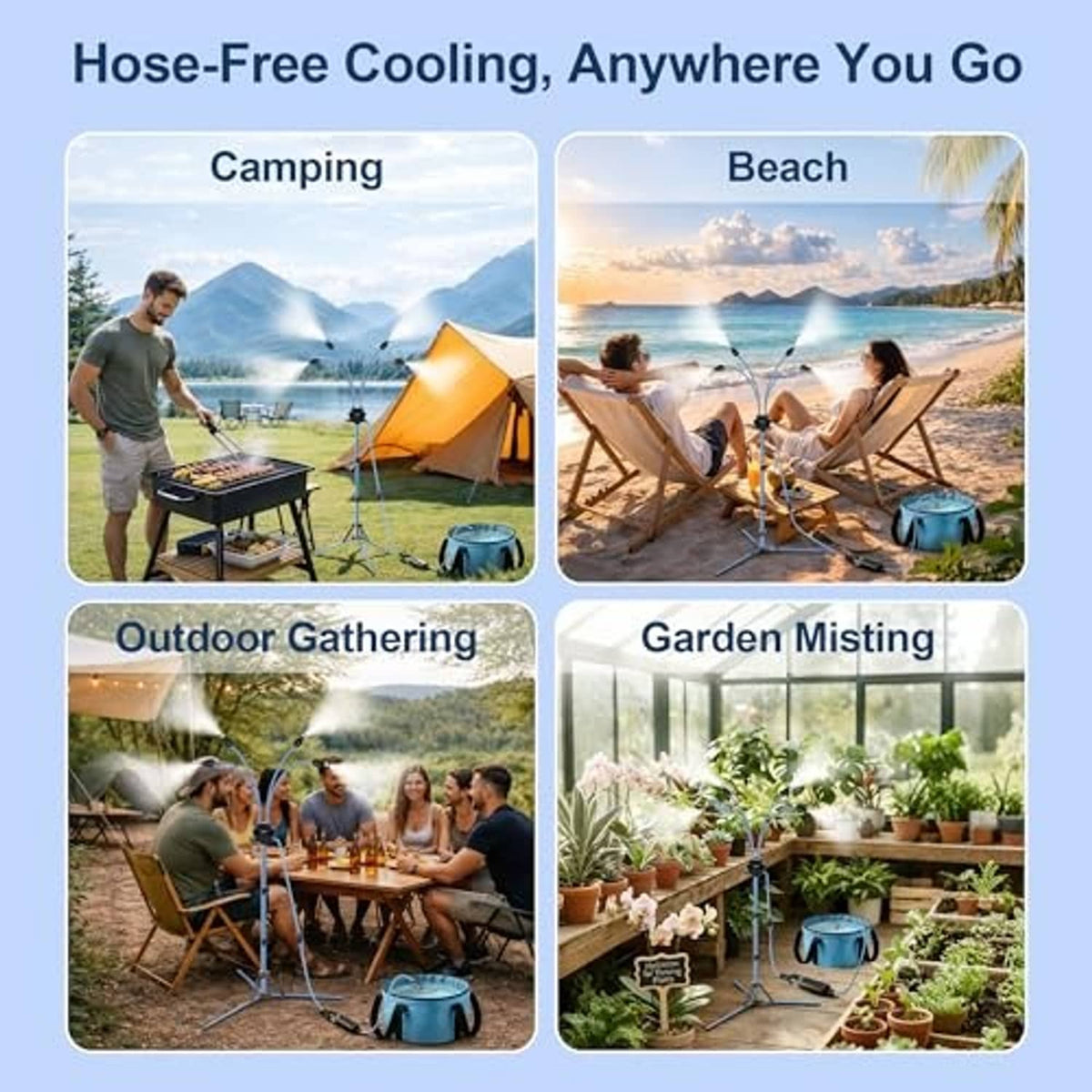 Portable hose-free misting system kit with cool blue tank and tripod spray stand