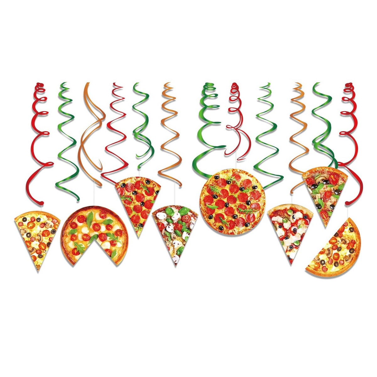 Pizza party hanging swirl decorations with red, green, orange spirals and pizza cutouts
