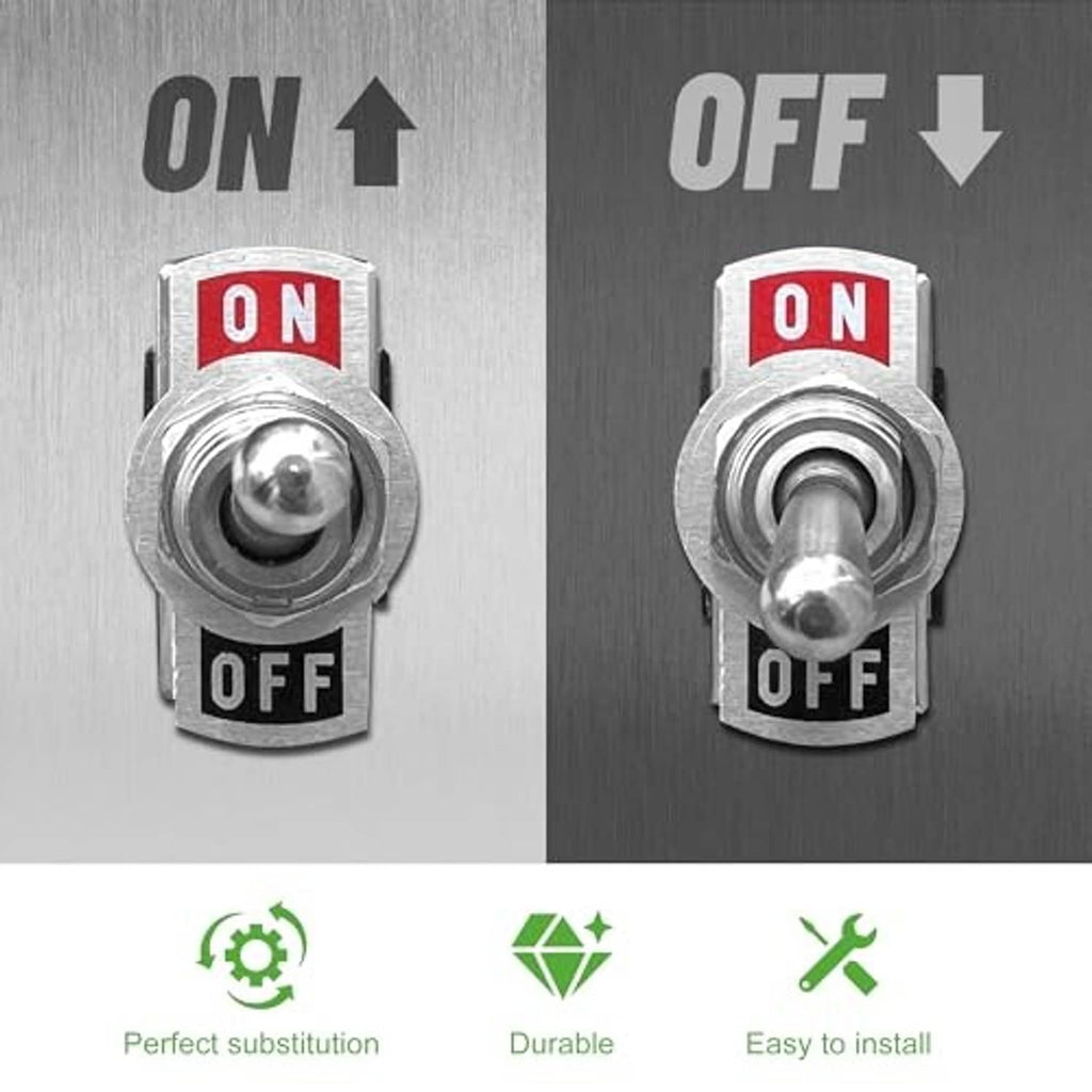 On-off toggle switch with marked ON and OFF positions and silver metal housing