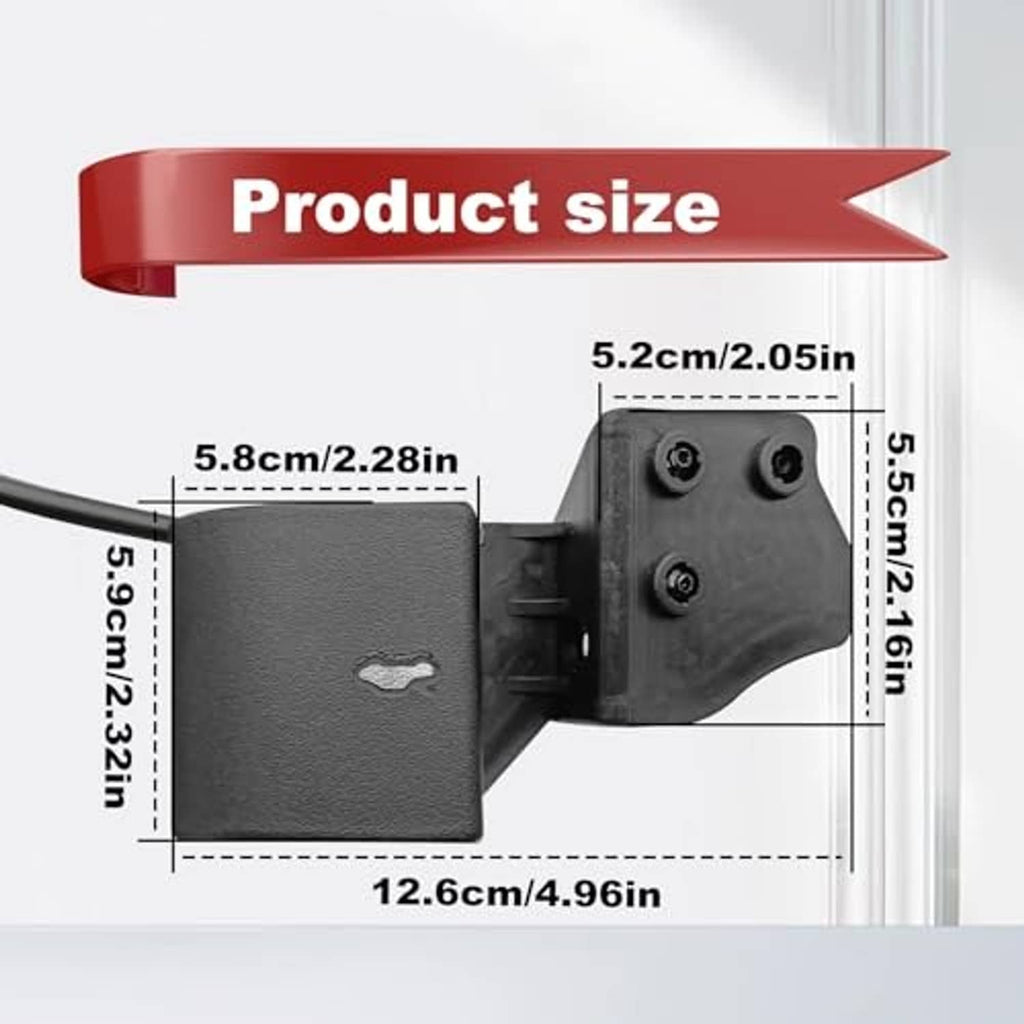 Black hood release cable with handle and latch connector end, size diagram