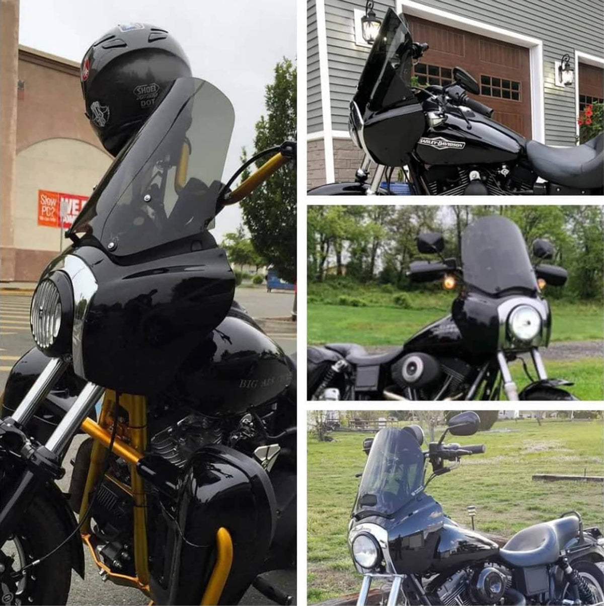 Black motorcycle front fairing with smoked windshield, side view on handlebars