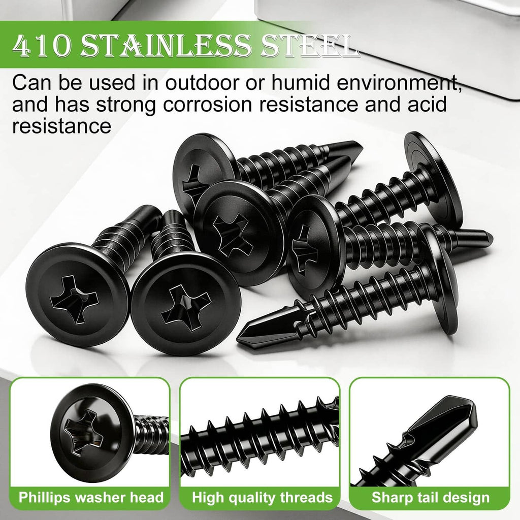Black stainless steel self-tapping screws with star-drive heads and sharp tails