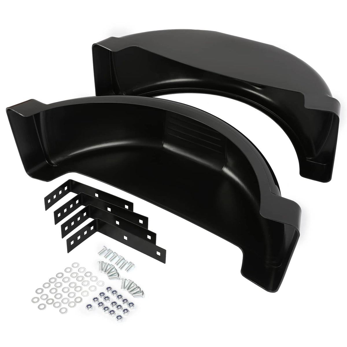 Trailer fender set with left and right black plastic fenders and mounting hardware
