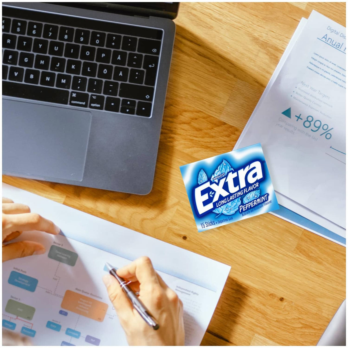 Extra peppermint sugarfree gum stick pack on wooden desk