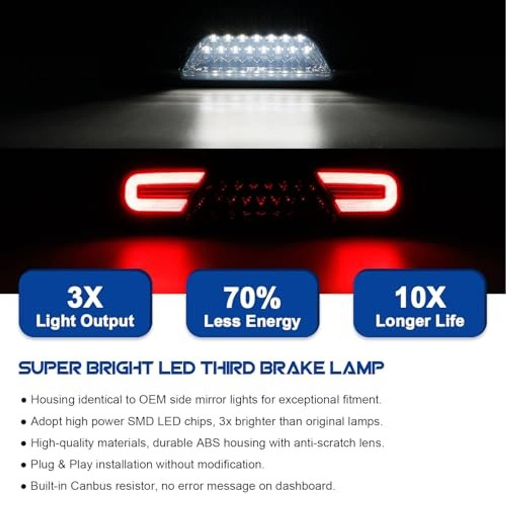LED third brake light showing bright red illumination with two side light bars.