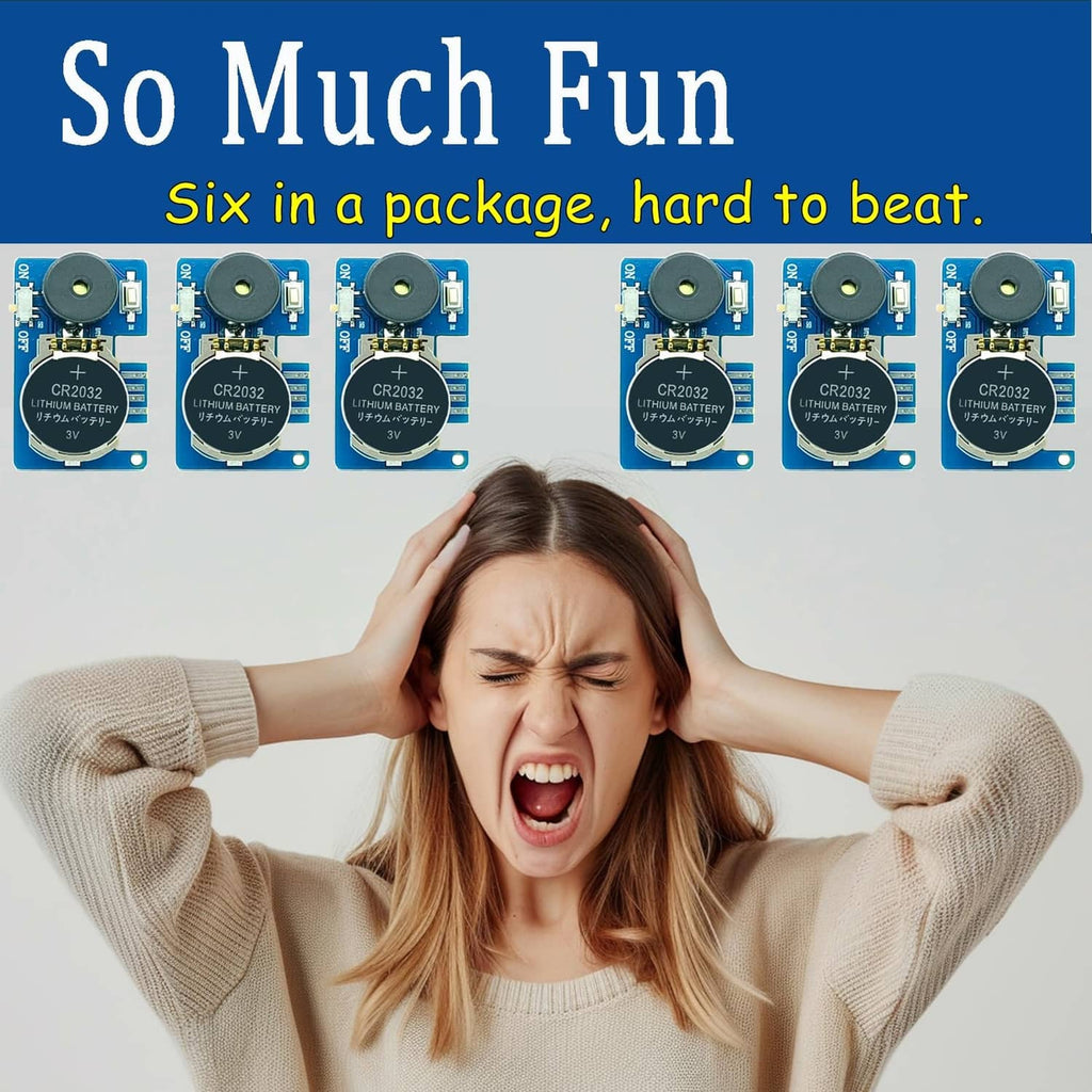 Cricket noise maker six-pack: six blue boards with black speakers and CR2032 batteries