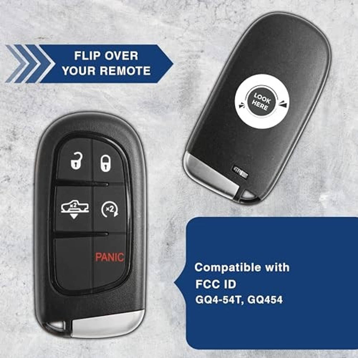 Black key fob with key blade and look-here spot for battery access