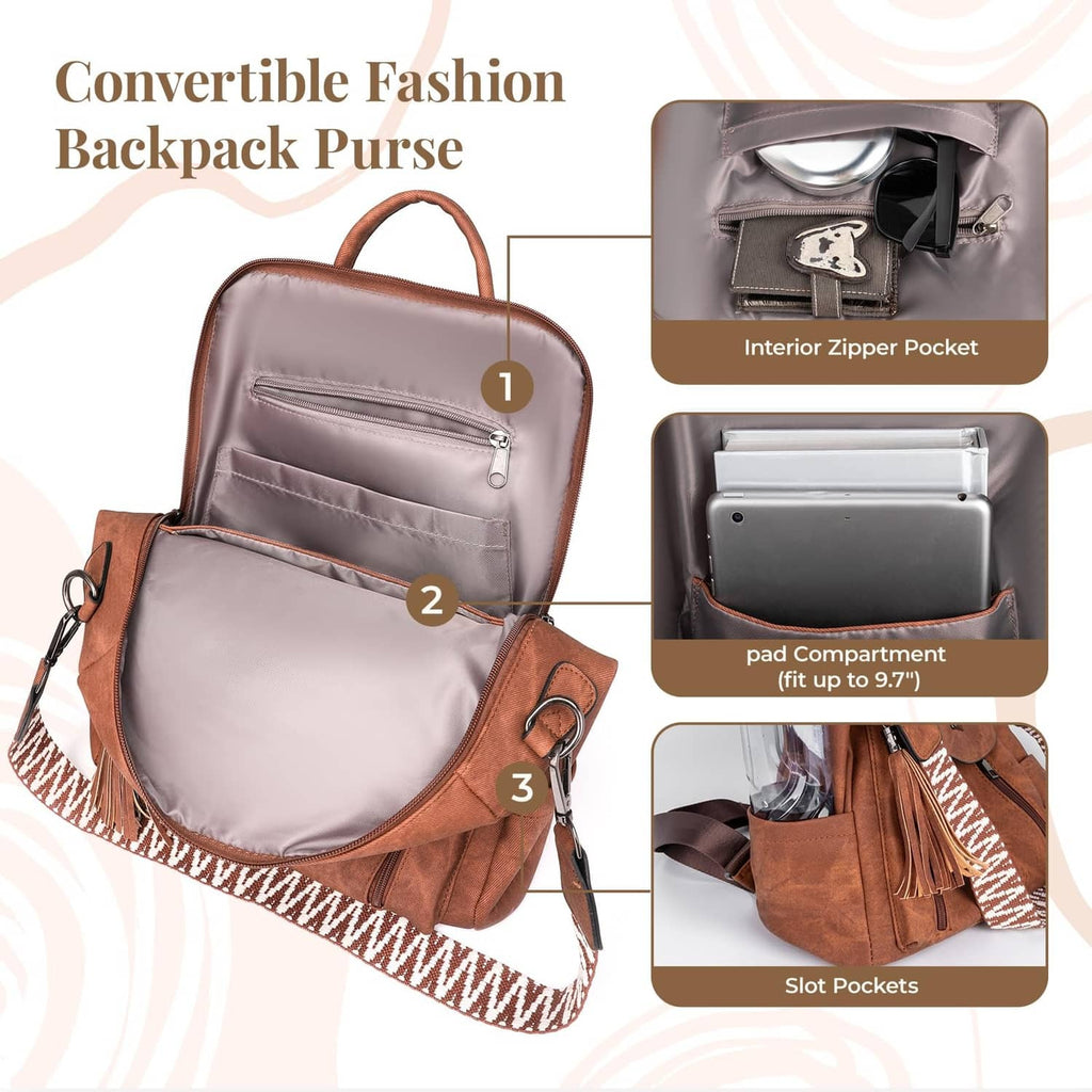 Brown PU leather backpack purse open interior with zip pocket and padded compartment