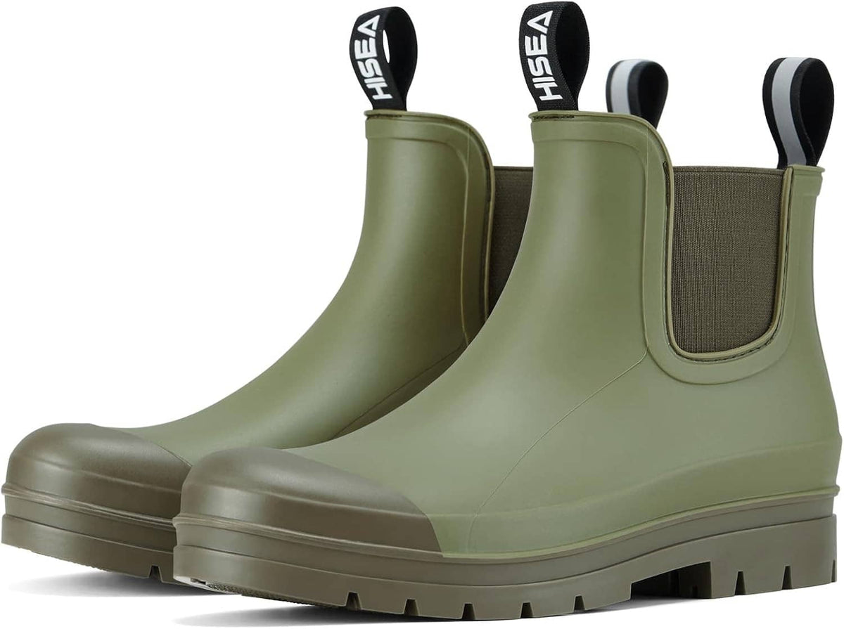 Olive green waterproof chelsea rain boots with elastic gore and dark traction outsole