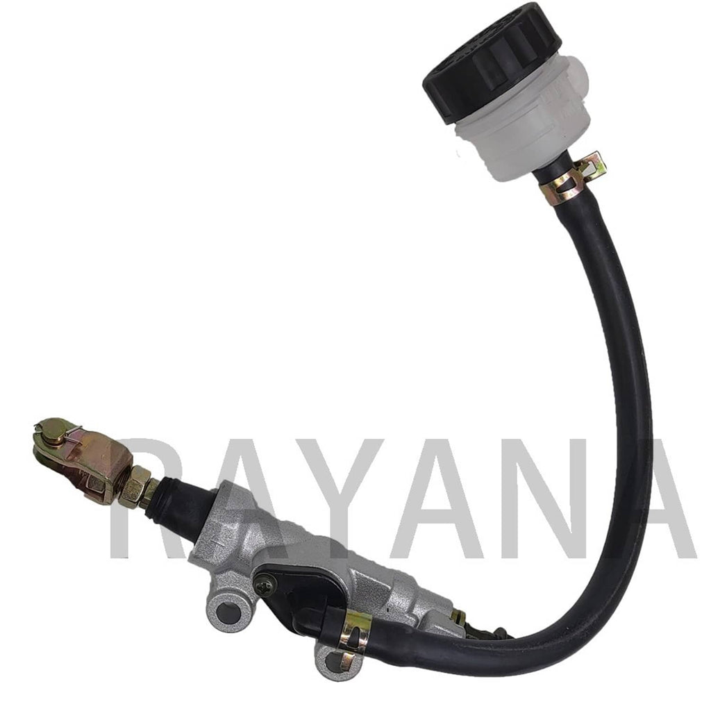 Rear brake master cylinder with black hoses, silver body, and white top reservoir
