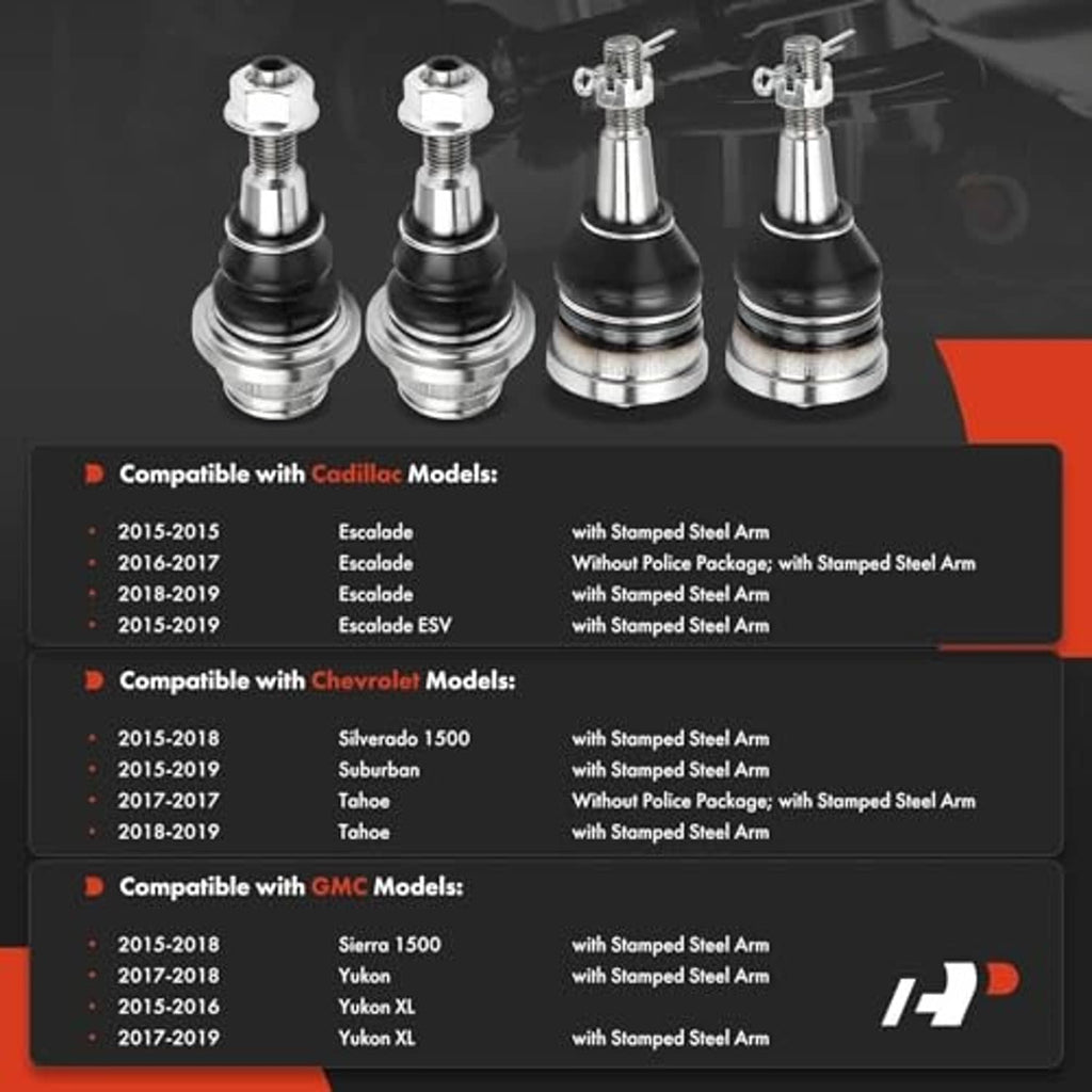 Set of four ball joints on display, black dust boots with threaded studs