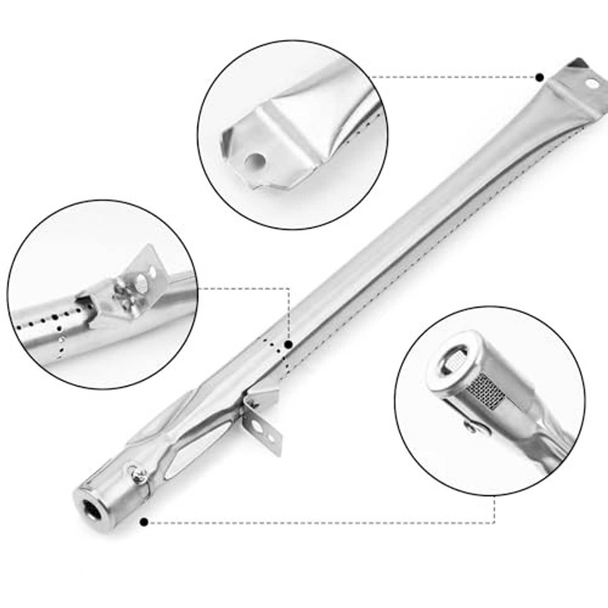 Stainless steel burner tube with bracket and nozzle details, replacement part