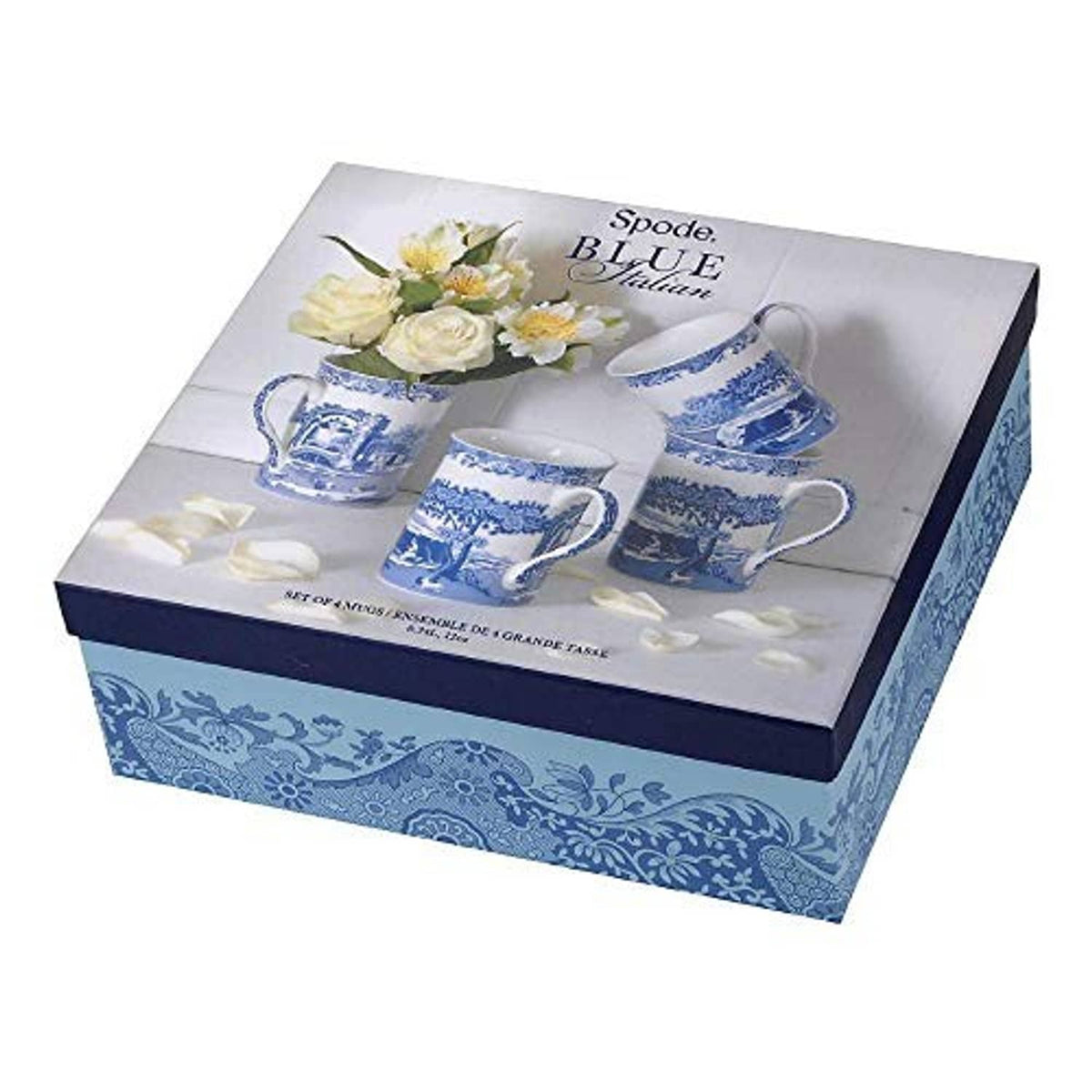 Blue and white mug set in a printed box, showing four mugs and decorative label