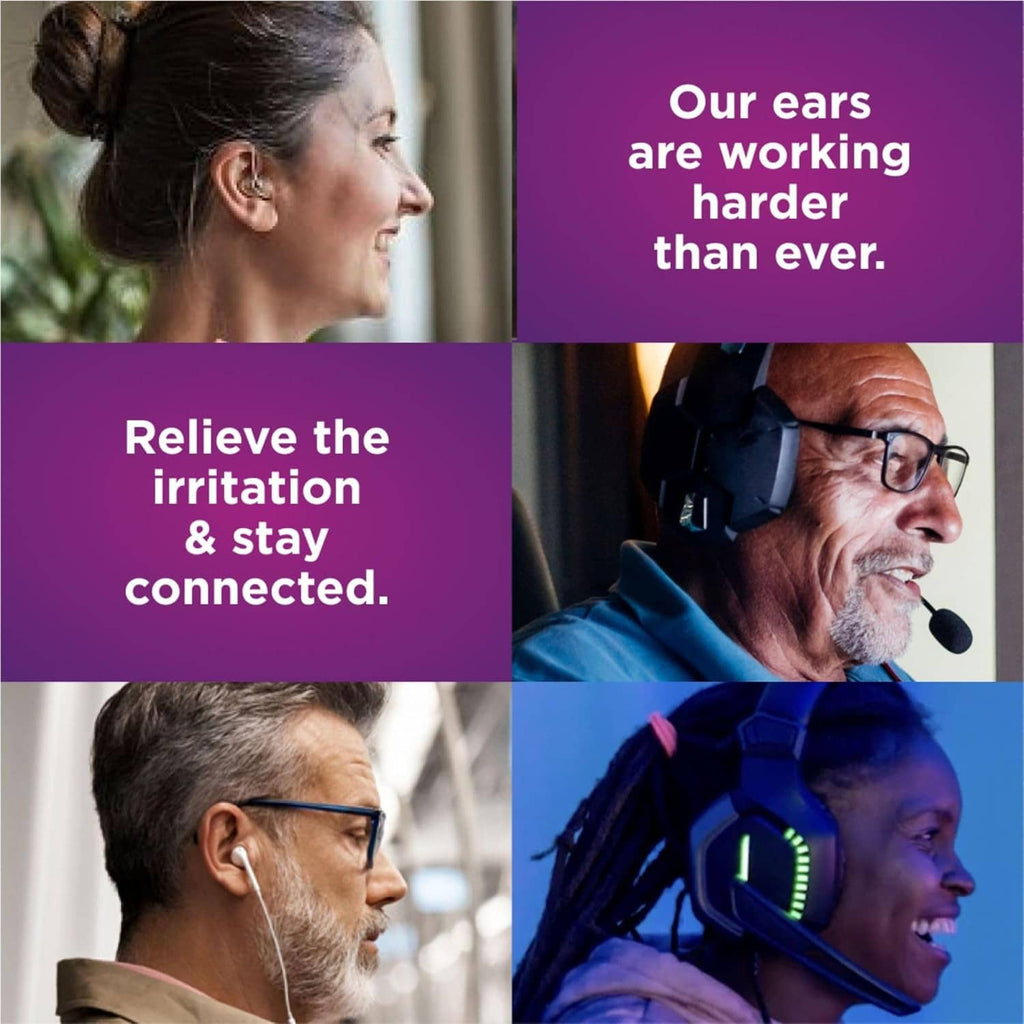 Ear relief oil lifestyle collage showing people wearing hearing devices and headphones