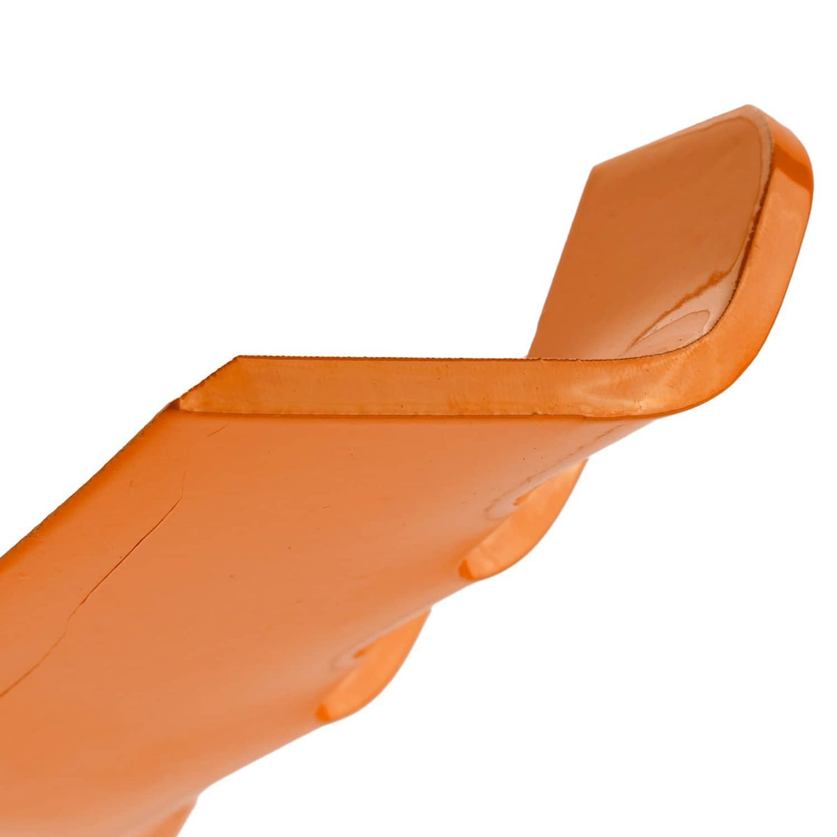 Orange mower blade tip with raised edge and mounting hole