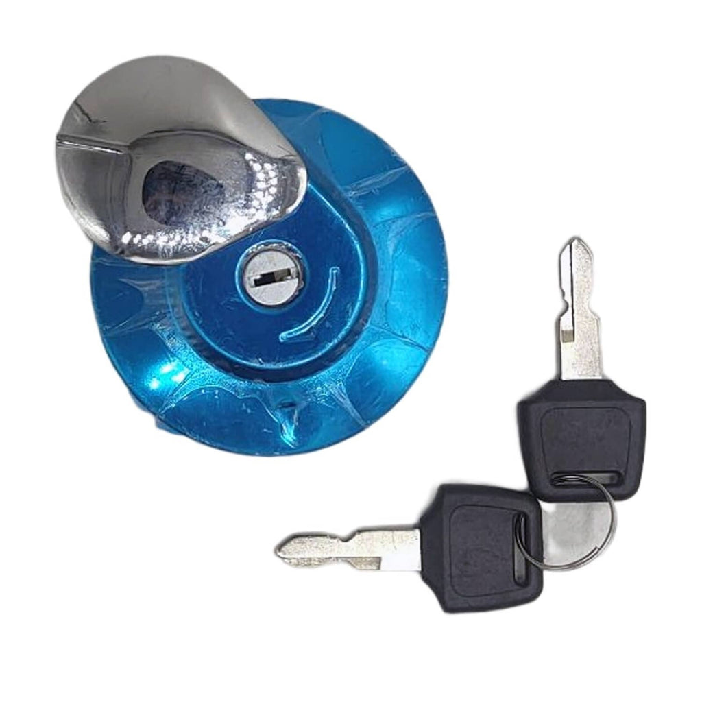 Fuel tank cap with blue base, circular lock plate, and two metal keys