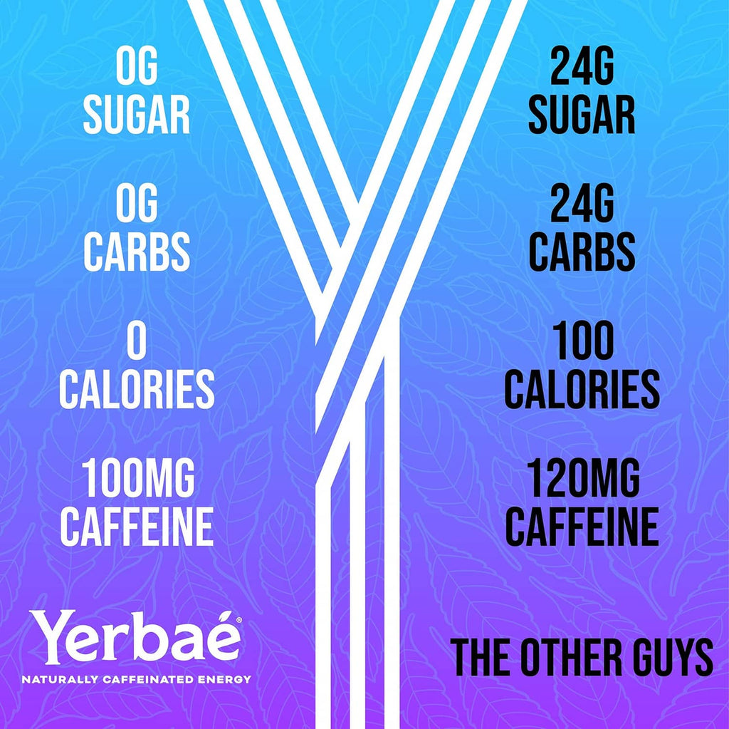 Yerbaé Energy Seltzer variety pack comparison graphic with nutrition facts
