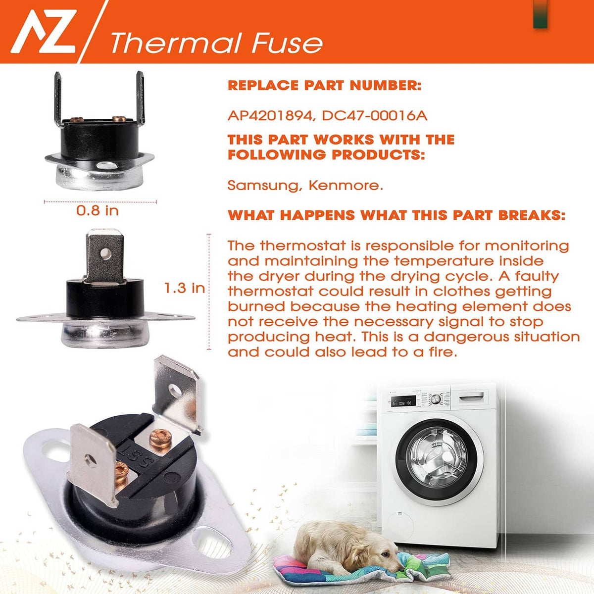 Dryer thermal fuse component with metal bracket and two prongs