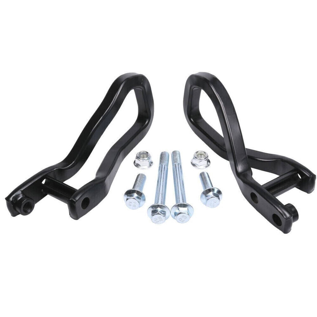 Black front tow recovery hooks set with bolts and nuts laid out