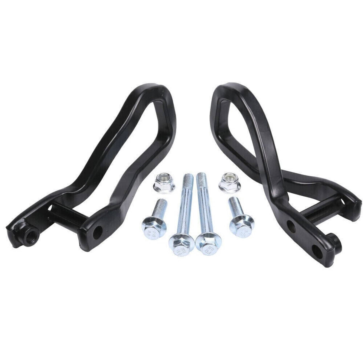 Black front tow recovery hooks set with bolts and nuts laid out