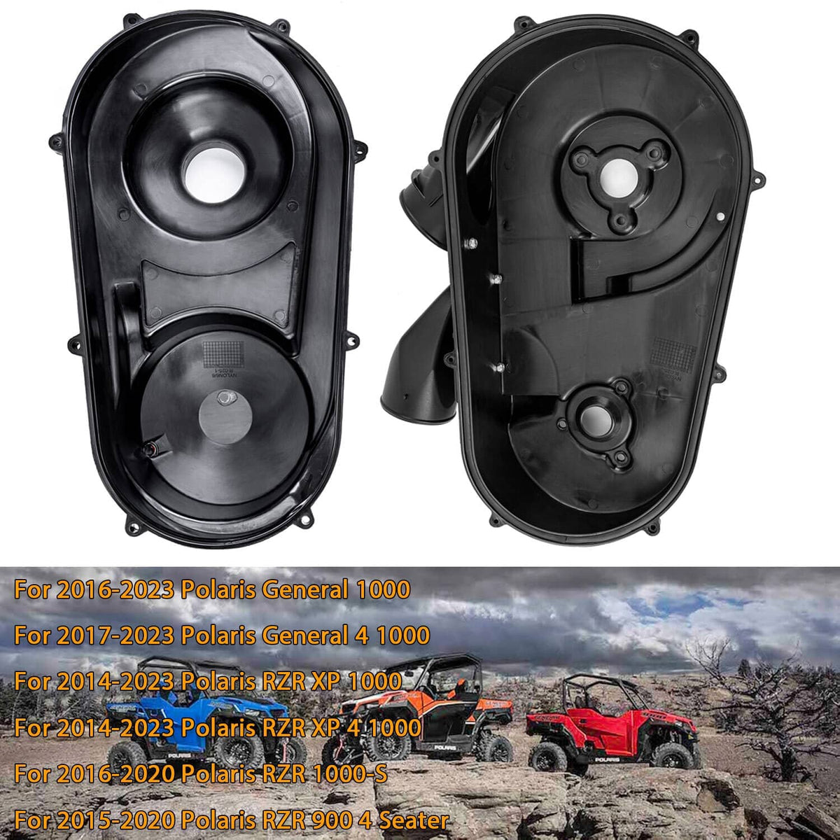 Black outer clutch belt cover with circular fan housing and mounting tabs