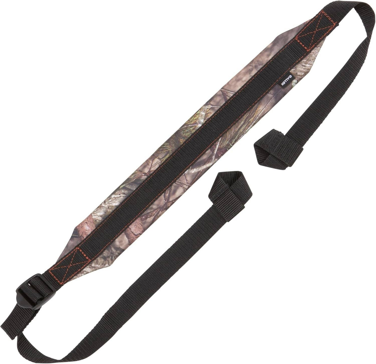 Padded camouflage gun sling strap with black trim, looped ends, and adjustment buckle pieces