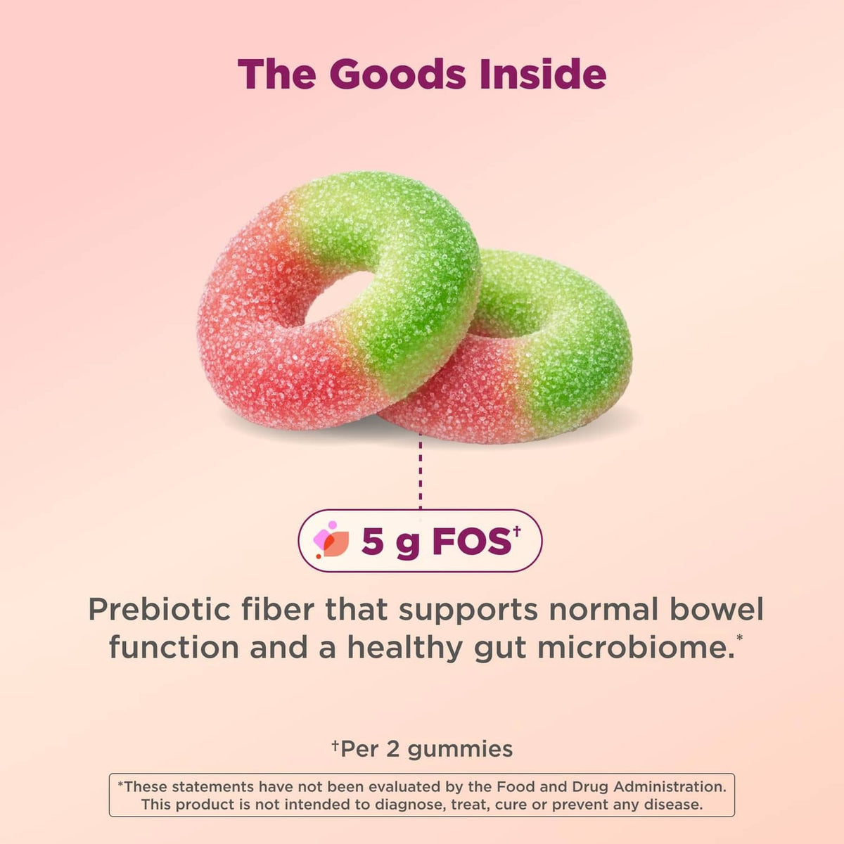 Fiber gummy rings label graphic with 5 g FOS and prebiotic fiber for bowel function
