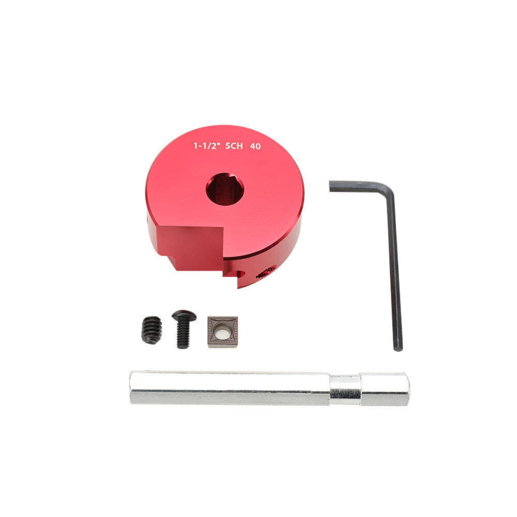 Red circular reamer head with screws, hex key, and steel shaft tool