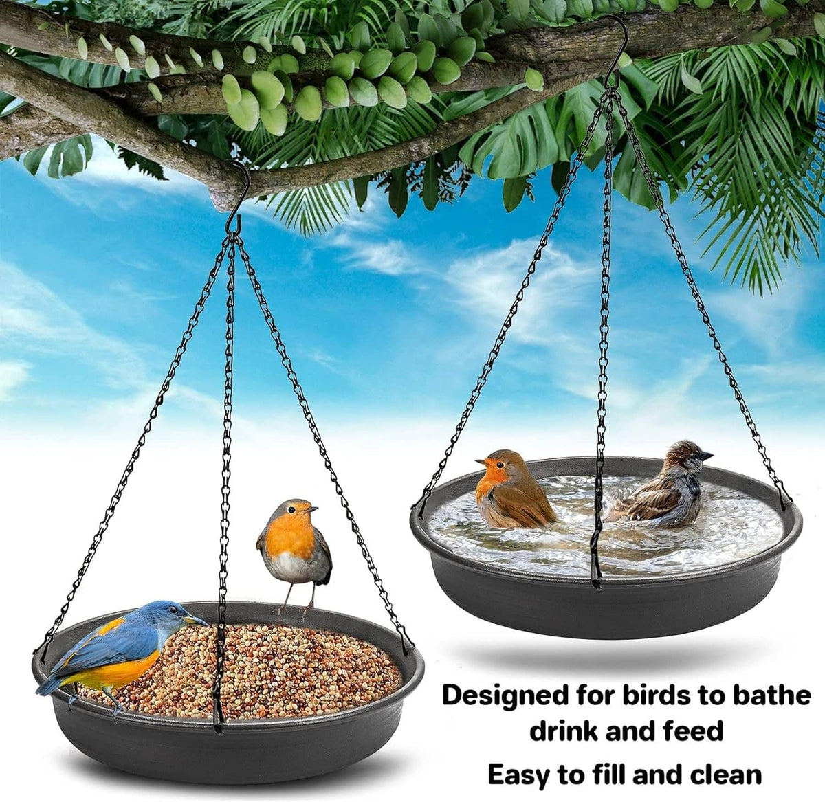 Dark grey hanging bird bath feeder tray with chains and water bowl