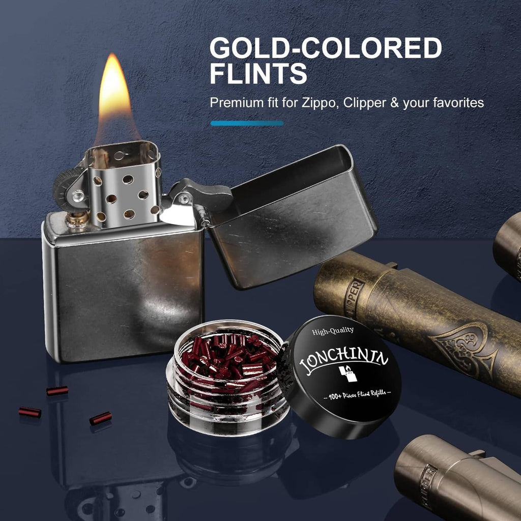 Red flint refill tin with lighter and flints on display