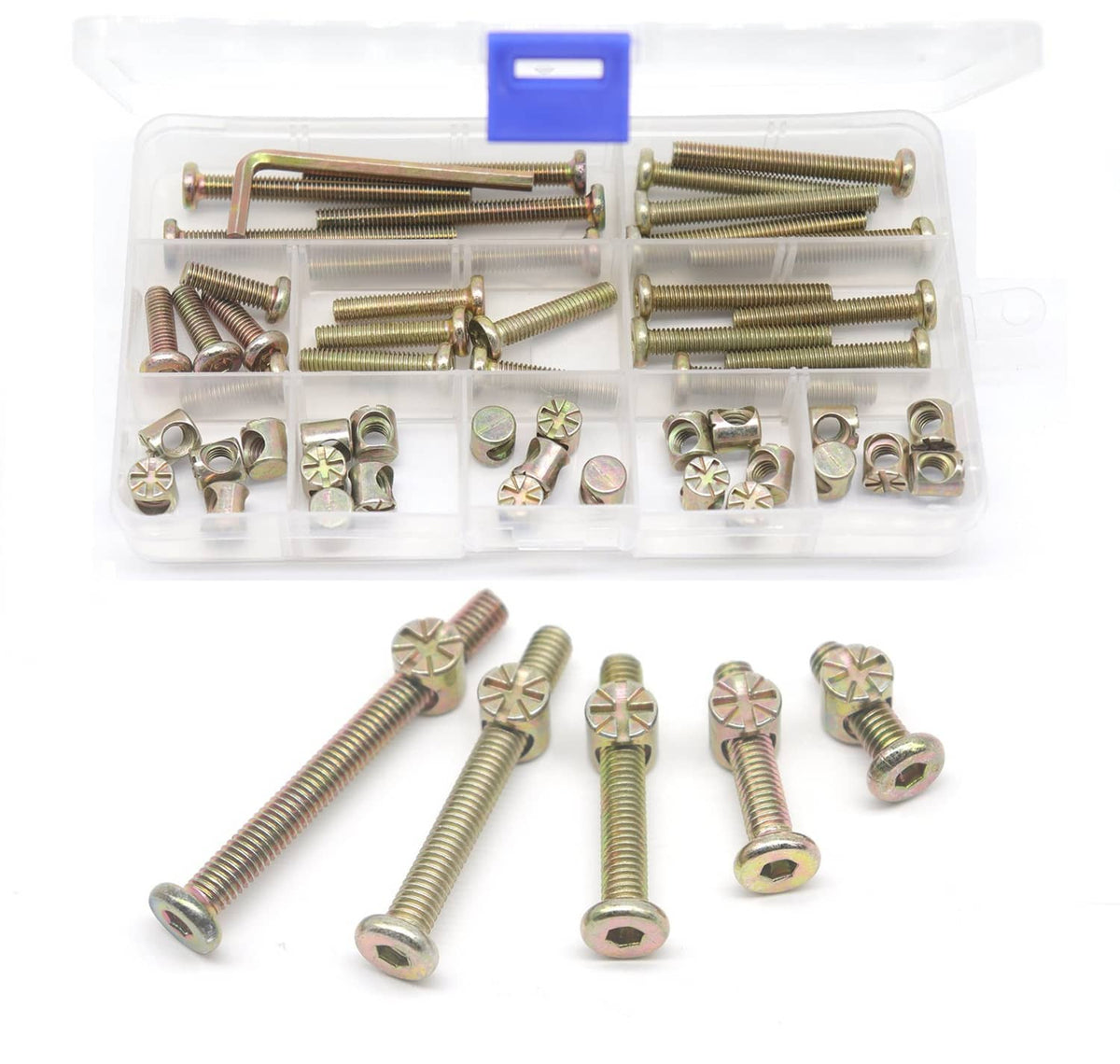 M6 crib hardware replacement kit with zinc-plated bolts and matching nuts in organizer box