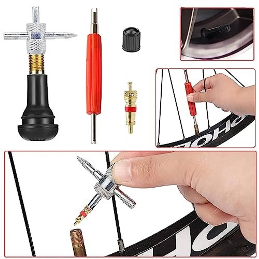 Valve stem tool kit showing red handle, gauge-like stem parts, and valve installation steps