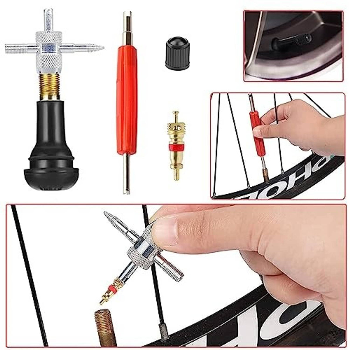 Valve stem tool kit showing red handle, gauge-like stem parts, and valve installation steps