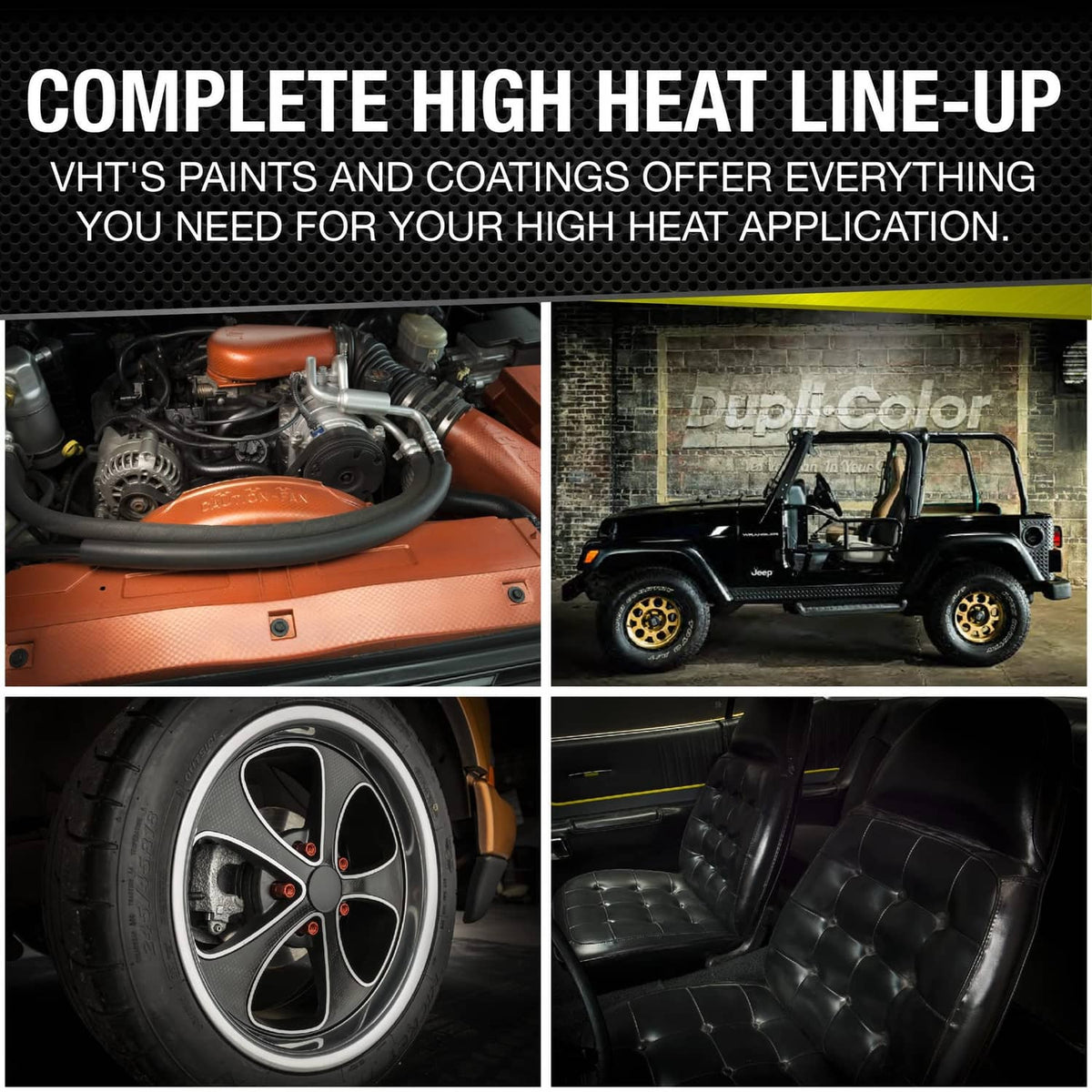 High-heat paint coatings collage with engine bay, vehicle, and VHT-branded cans