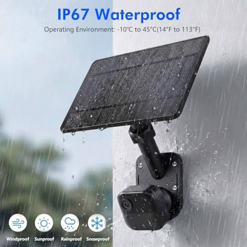 Waterproof black solar panel charging mount with cable and security camera in rain