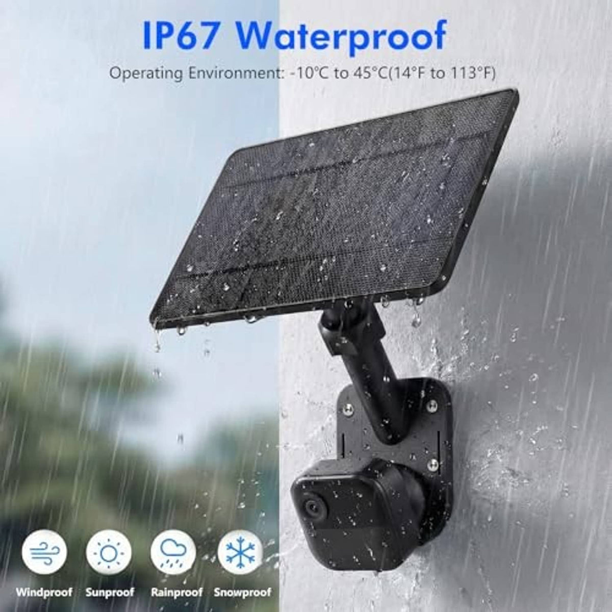Waterproof black solar panel charging mount with cable and security camera in rain