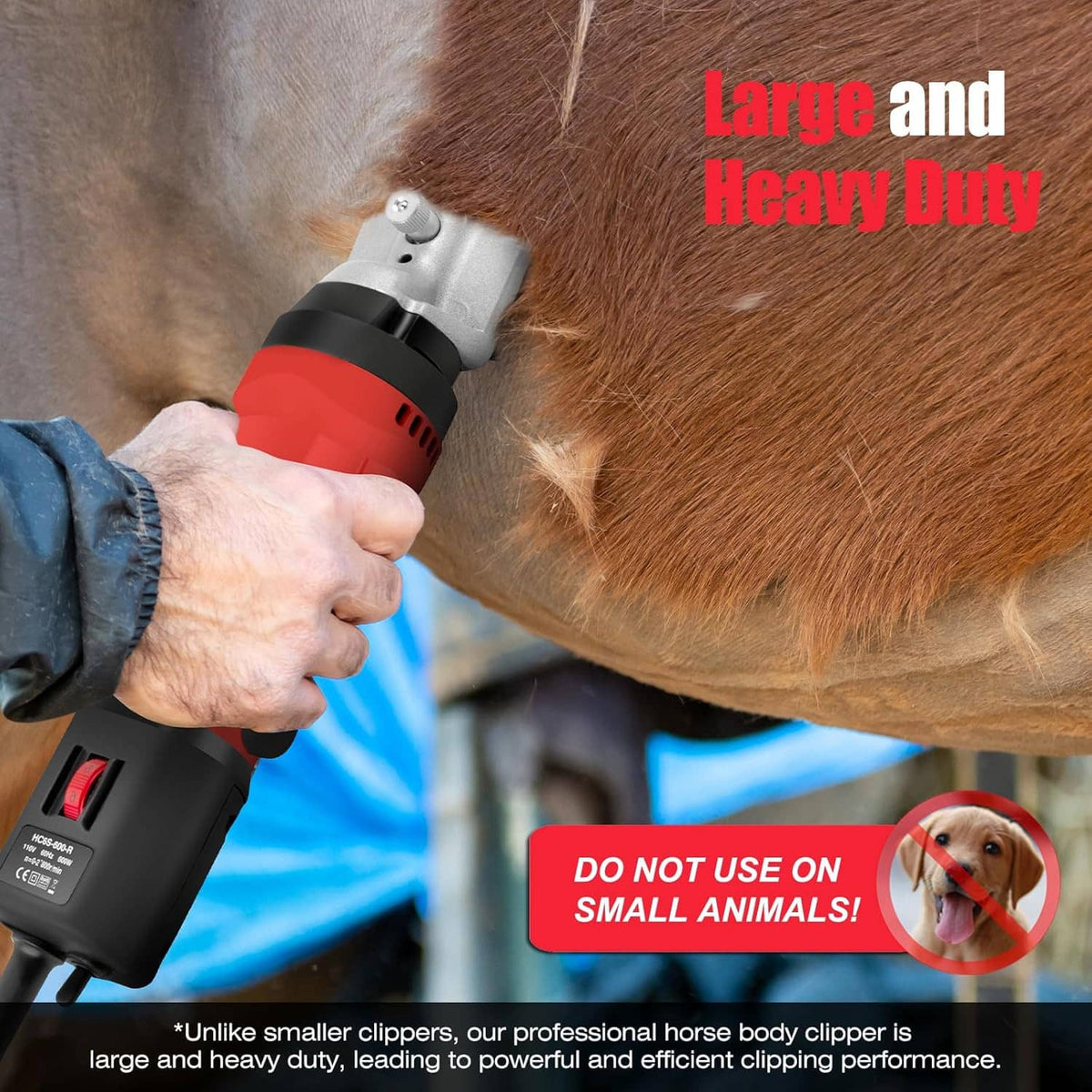 Hand using red and black horse body clipper on an animal coat