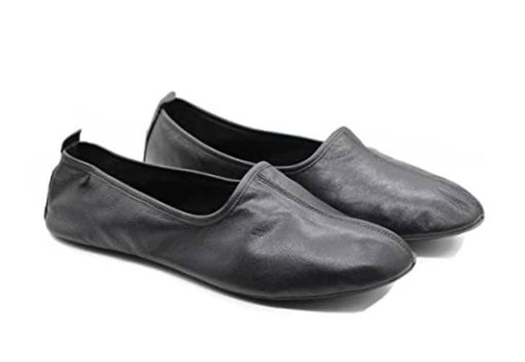Leather babouche-style slippers, slip-on, open back, dark gray/black
