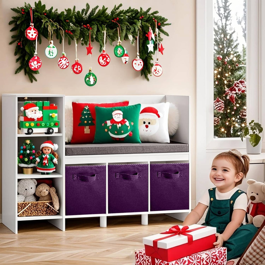 Purple fabric storage cube bins with handles, stacked in a kid storage shelf