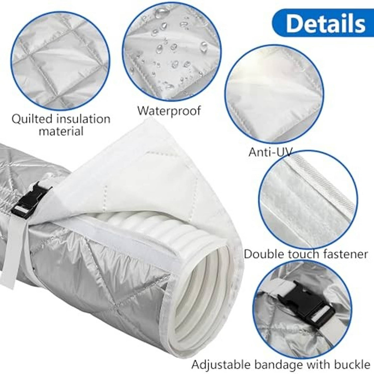 Gray silver quilted AC hose insulation wrap with double-touch fastener and buckle