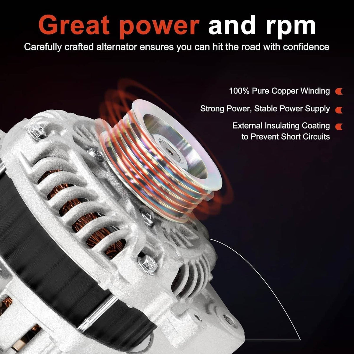 Alternator assembly with front pulley and copper winding rotor detail