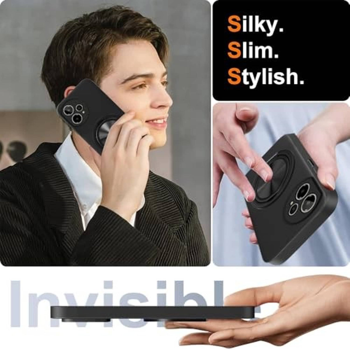 Matte black slim phone case with 360° ring stand and triple camera cutouts.