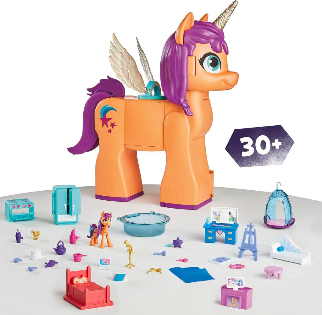 Winged purple unicorn doll with orange body and built-in transforming playset pieces