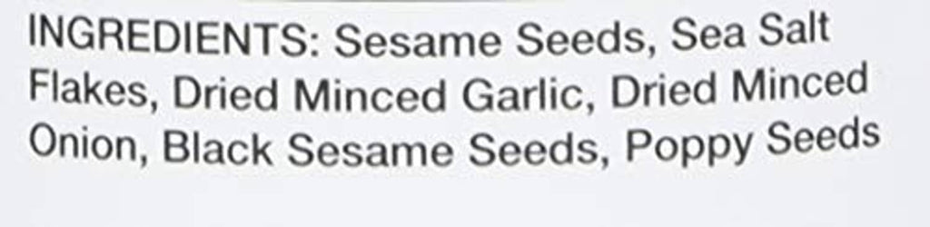 Everything bagel seasoning blend label: Ingredients list with sesame seeds, salt, garlic and onion