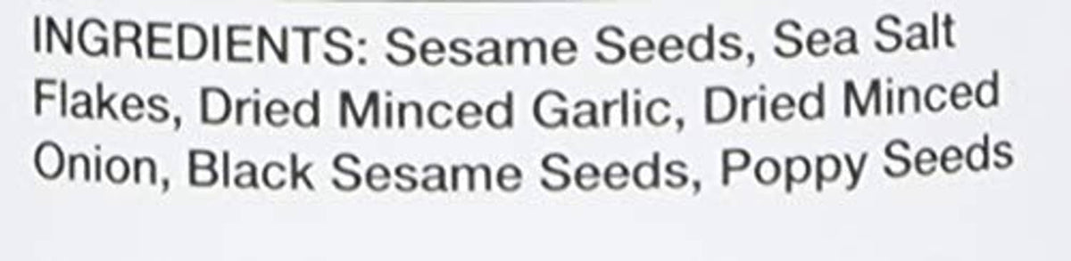 Everything bagel seasoning blend label: Ingredients list with sesame seeds, salt, garlic and onion