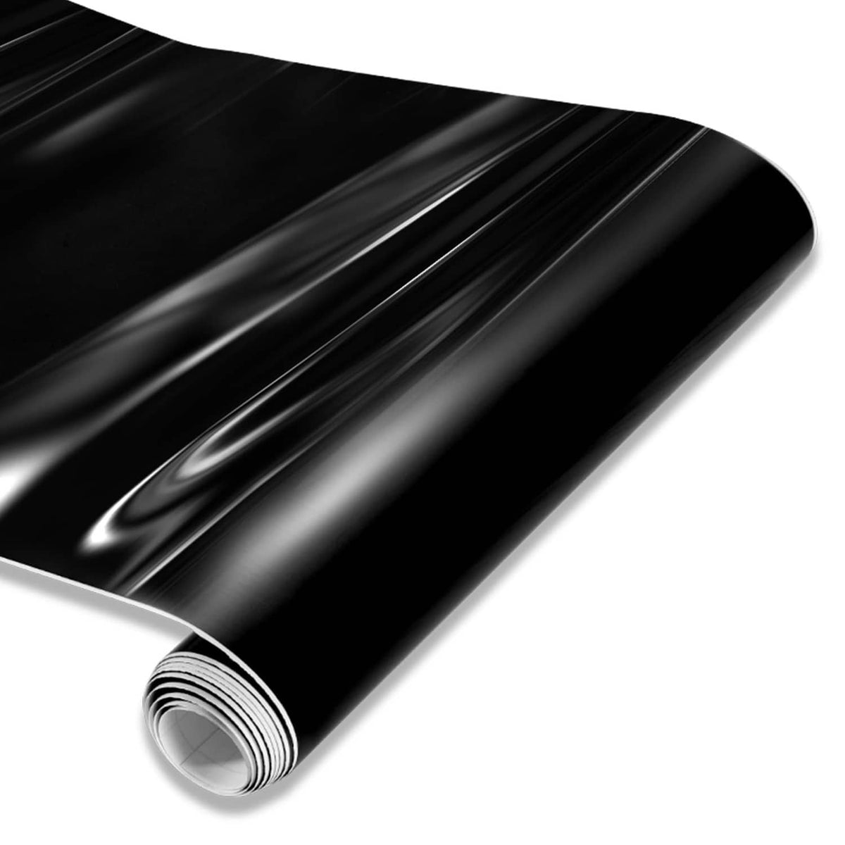 Gloss black vinyl wrap roll with shiny finish, ready for car wrapping