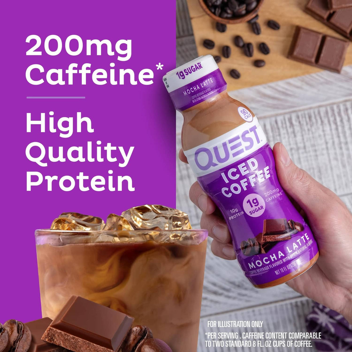 Mocha latte iced coffee bottle and glass with iced coffee, shown with 200mg caffeine