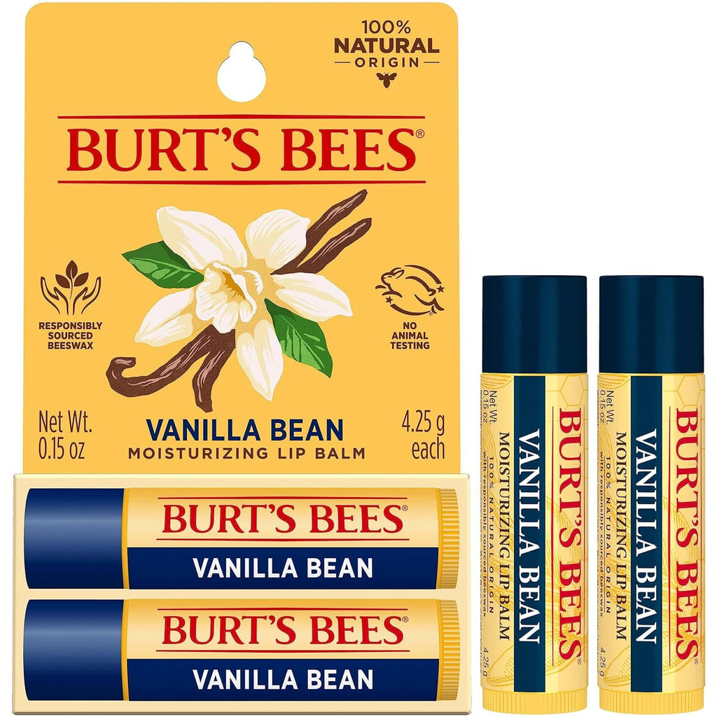 Burt's Bees vanilla bean moisturizing lip balm set with two sticks and display box